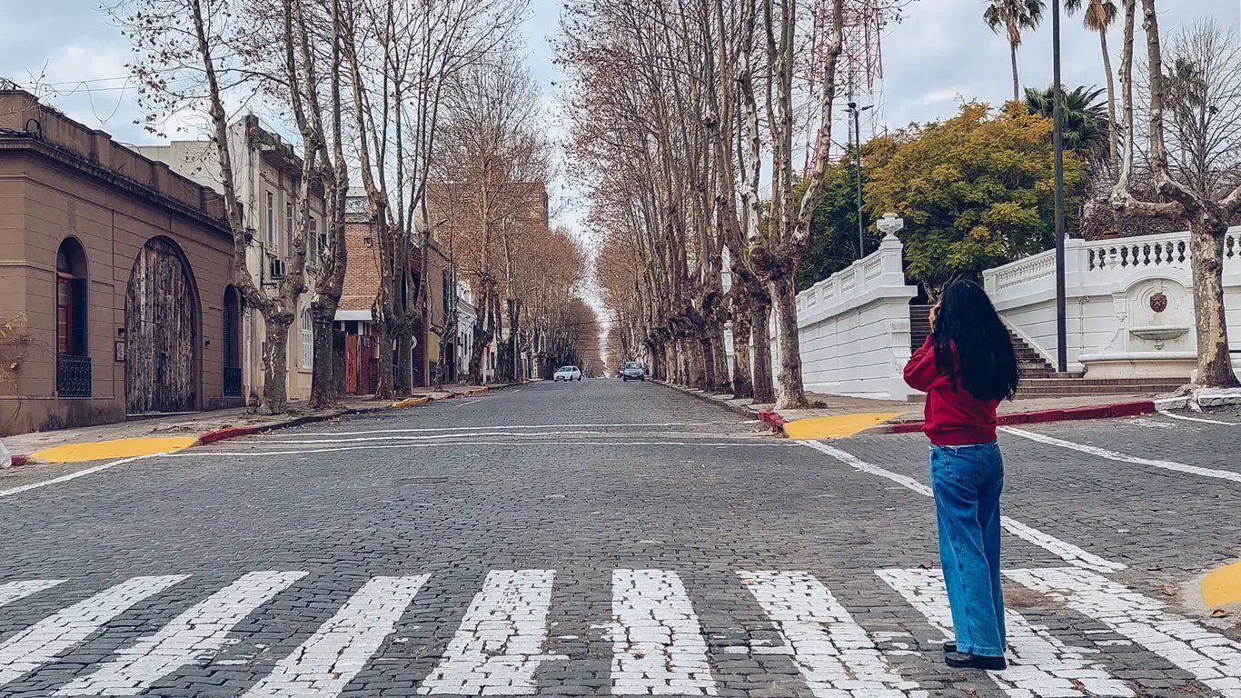 Mulher no Centro Histórico de Colonia del Sacramento, no Uruguai, tirando uma foto da rua de pedras com árvores sem folha.