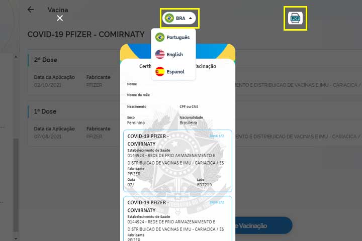 Como emitir o certificado digital de vacina contra Covid-19 em Inglês e em Espanhol.