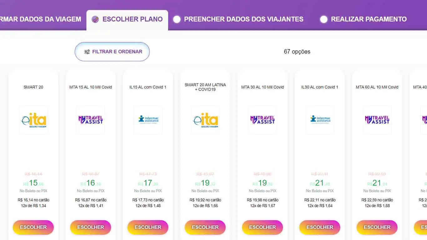 Tabela com cotação do Seguro Viagem para Colômbia