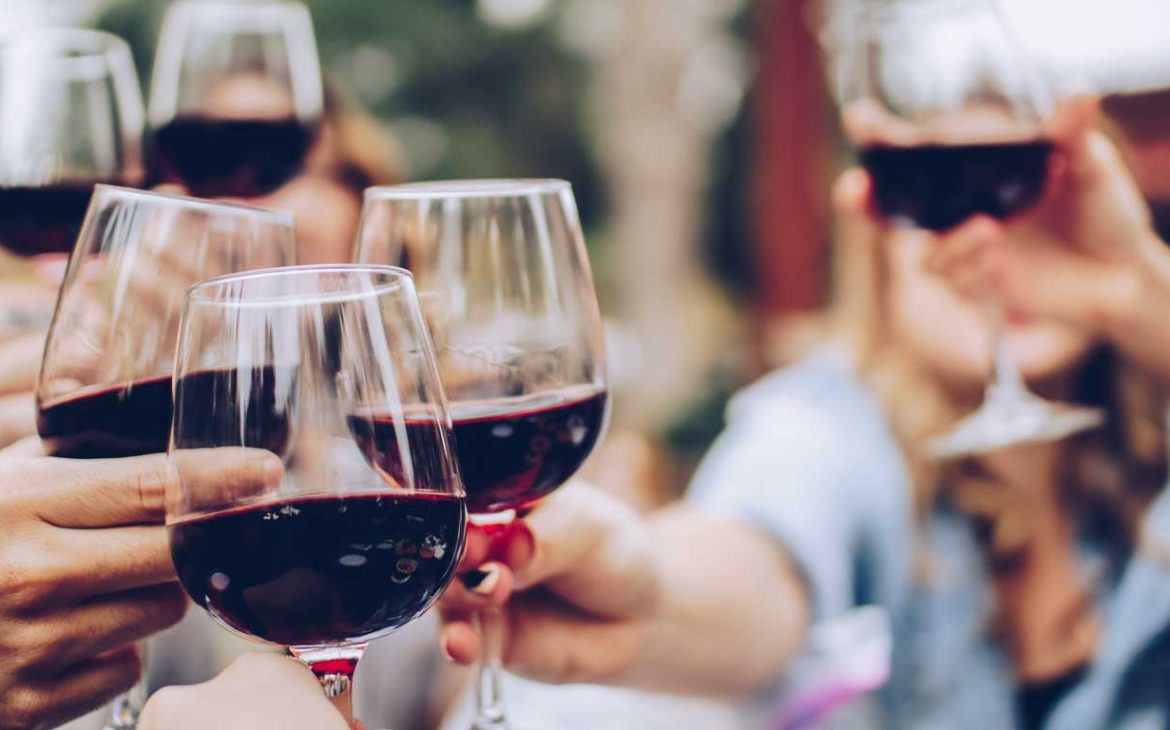 Um grupo de pessoas brindando com taças de vinho tinto ao ar livre durante um almoço em um vinhedo. As taças são foco da imagem, evidenciando o vinho escuro e rico em detalhes contra um fundo desfocado onde pessoas conversam alegremente.