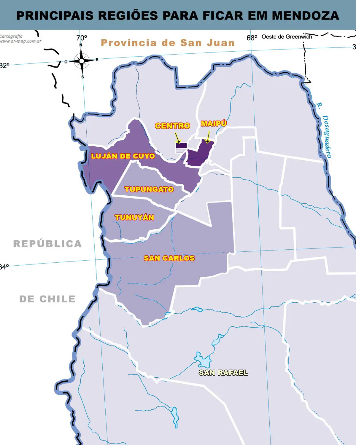 Mapa destacando as principais regiões onde ficar em Mendoza
