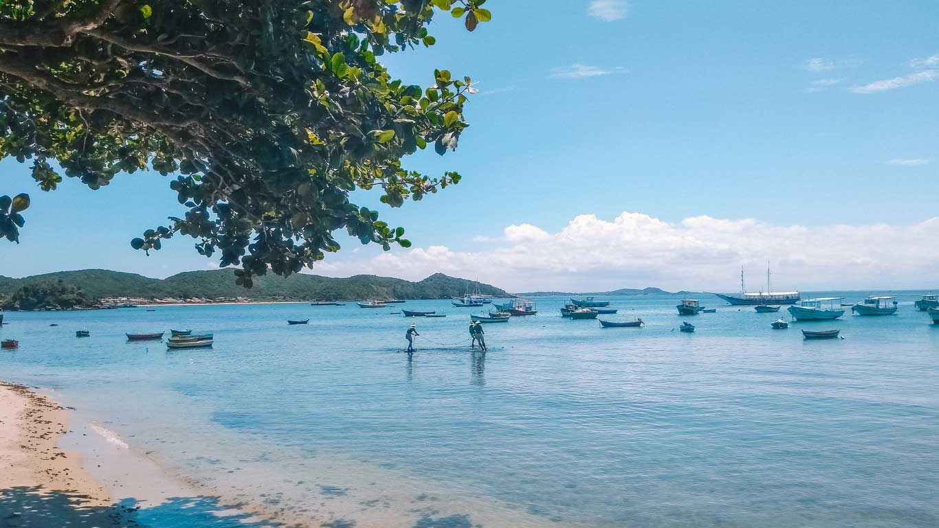 praia-da-armacao-rj Cena tranquila da praia em Búzios com mar calmo e azul, diversos barcos ancorados e duas pessoas praticando stand-up paddle perto da margem. No canto esquerdo, galhos de uma árvore sombreiam parte da imagem, enquanto ao fundo é possível ver morros e construções.